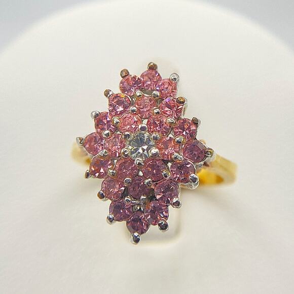 Gold and Silver Tone Ring Pink Clear Glass Cubic Zirconia Cocktail Unmarked SZ 7 - Picture 5 of 13